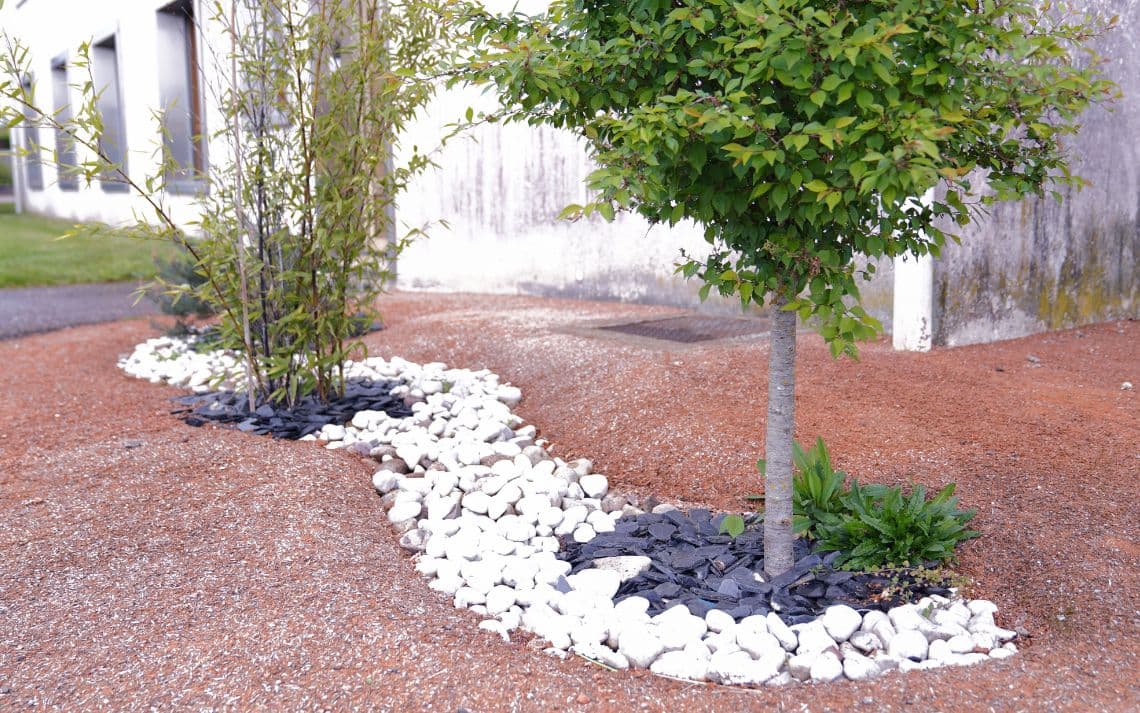 Première réalisation :  déconnexion de 2 pan de toiture à la mairie, les eaux pluviales sont orientées vers un réservoir souterrain - le bitume est remplacé par du Perméo® et des plantes – Crédits photo : Vergon Emmanuelle