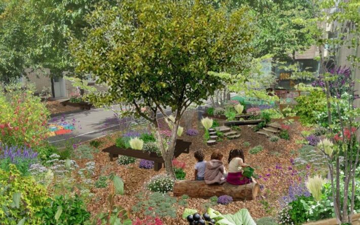 Vue 3D du projet final de végétalisation quasi-totale de la cour de la maternelle Rabelais à Montrouge- Crédits photo : Ville de Montrouge